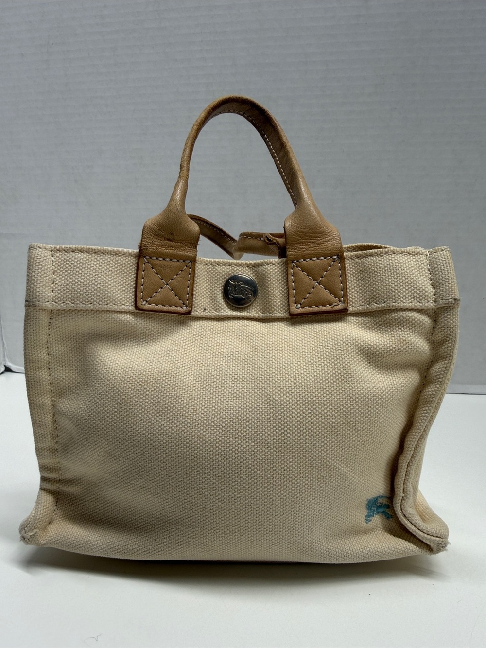 Burberry Blue Label Mini Handbag Purse Hand Bag Designer Leather Canvas Beige